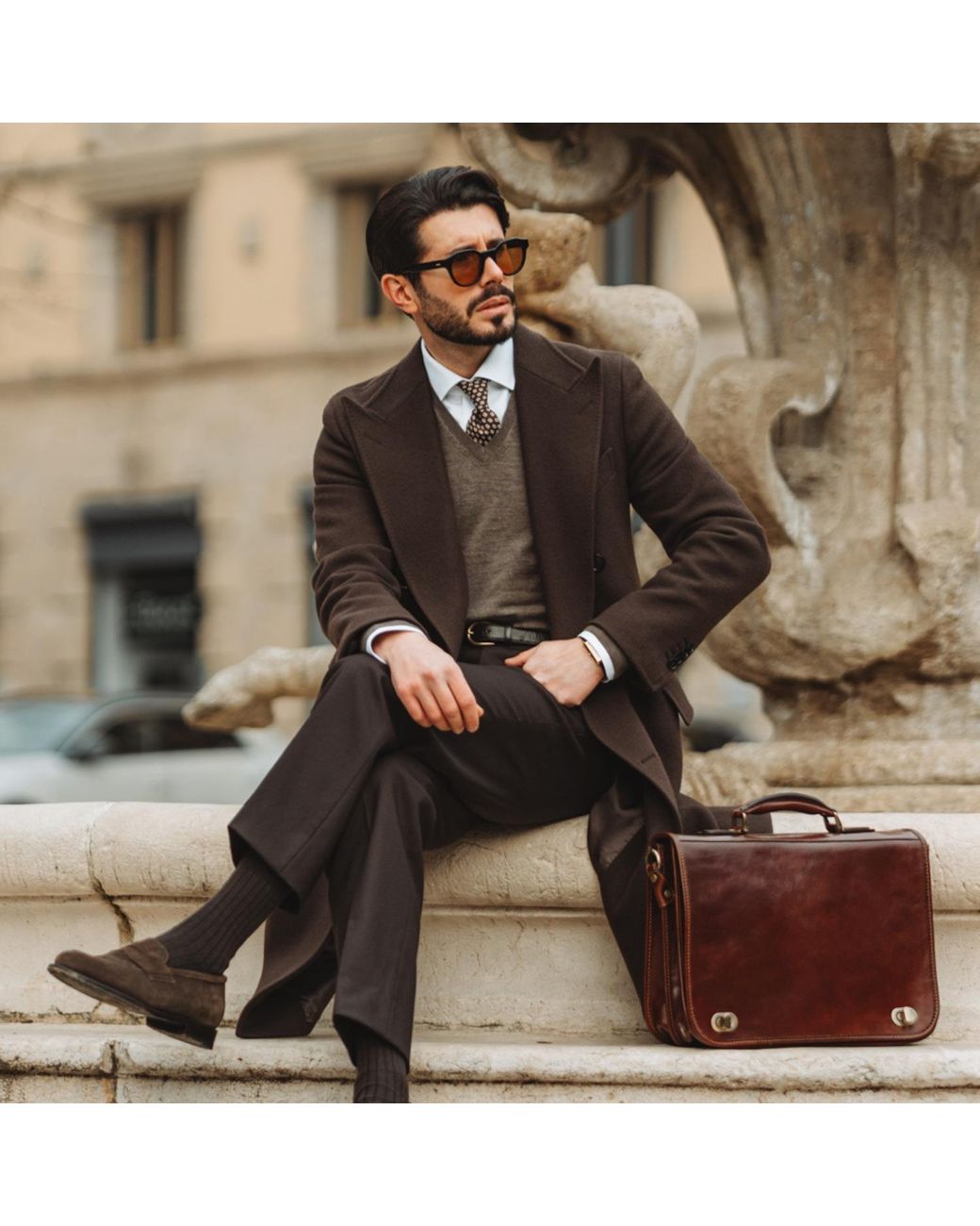 Time Resistance Brown Leather Briefcase Laptop Bag for men
