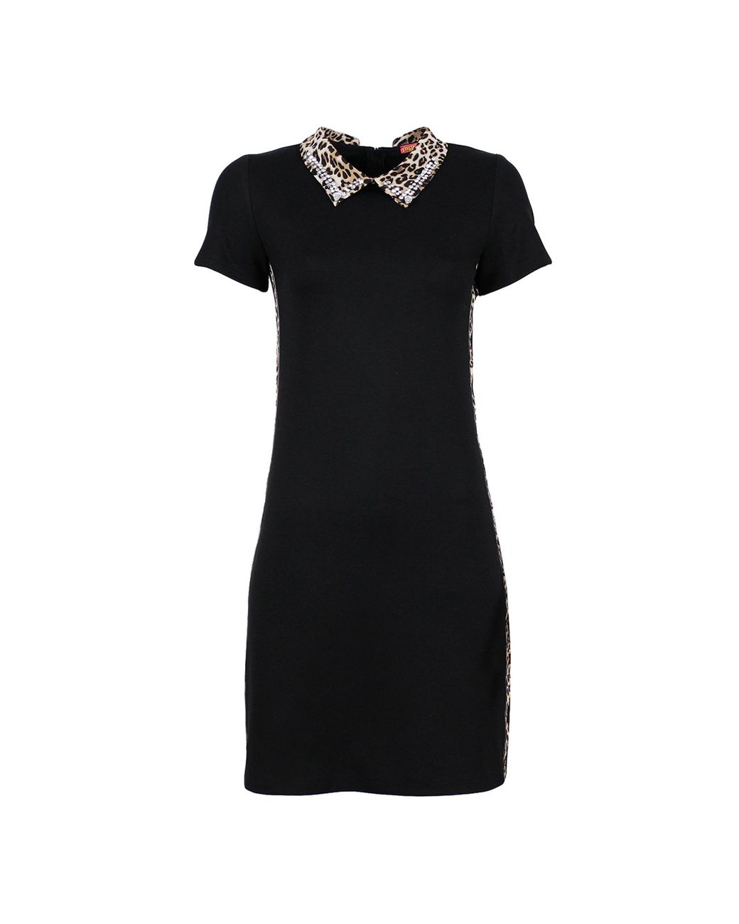 Lalipop Design Black Mini Knitted Dress With Faux Crystal Embellished Leopard Print Collar