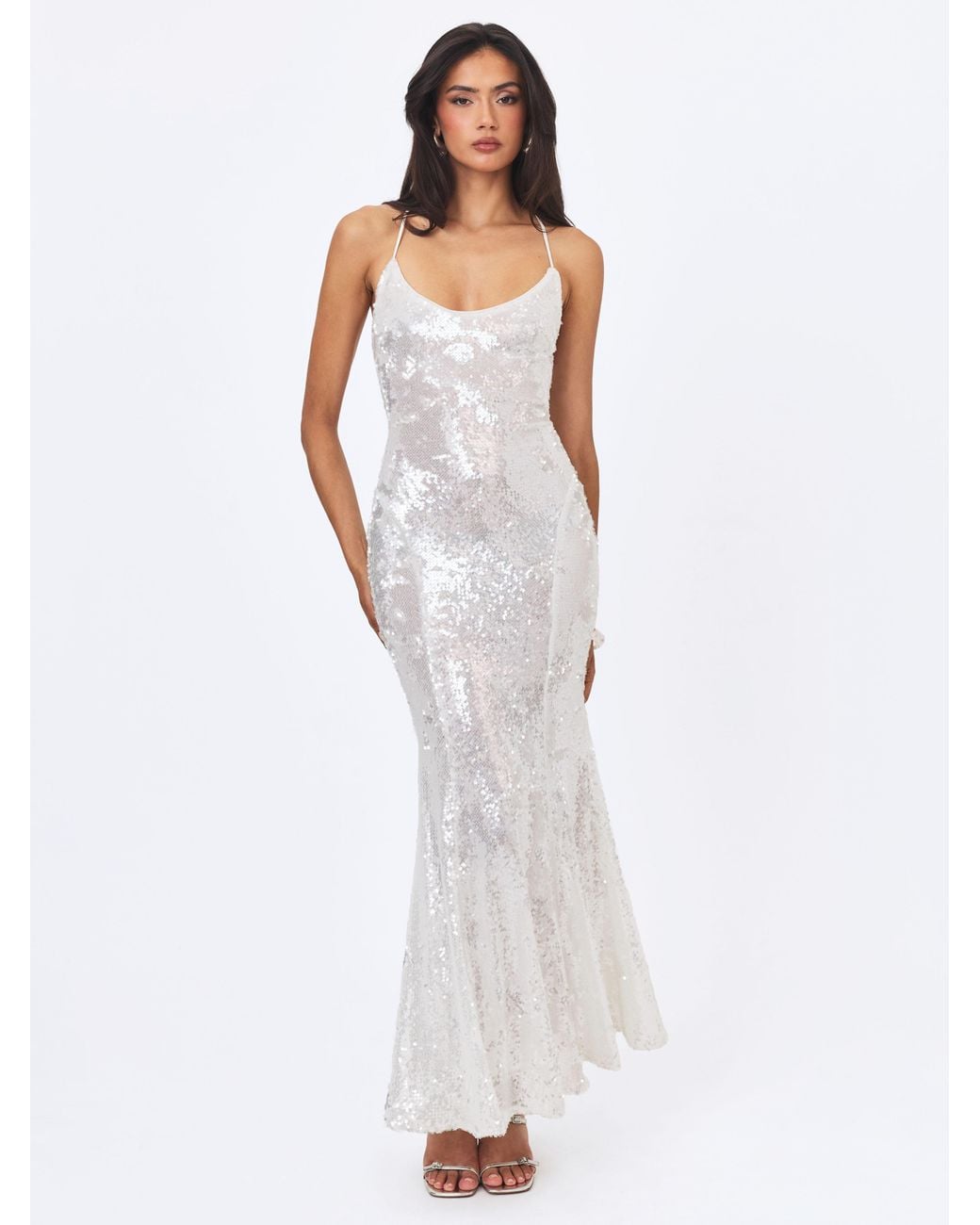 Miss Circle New York White Cameron Sequin Scoop Neck Mermaid Maxi Dress