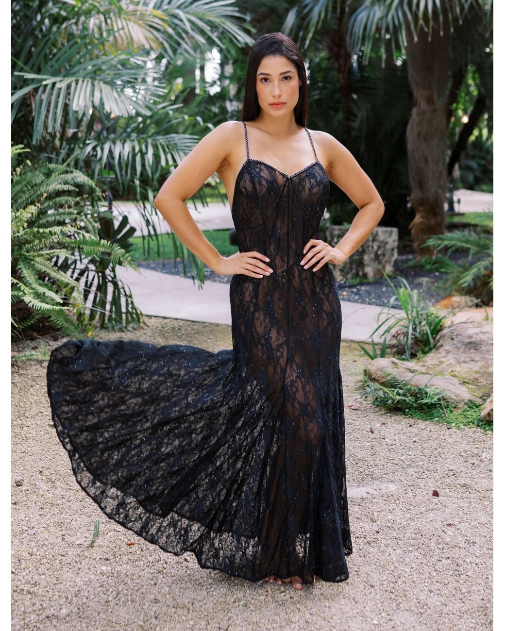 Carol Coelho Black Machu Picchu Mini Sequin Lace Long Gown