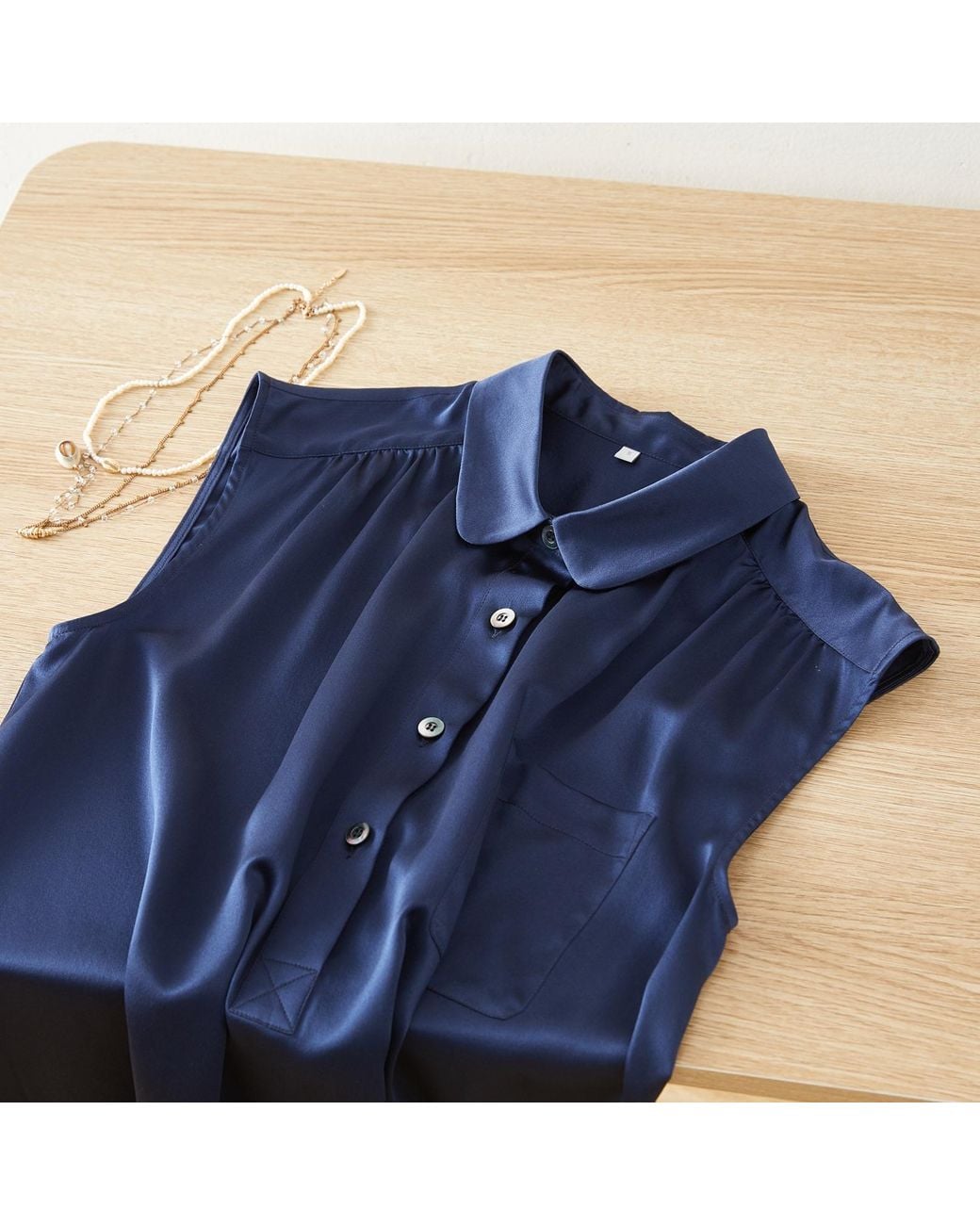 Soft Strokes Silk Blue Pure Silk Pointed Peter Pan Collar Sleeveless Blouse