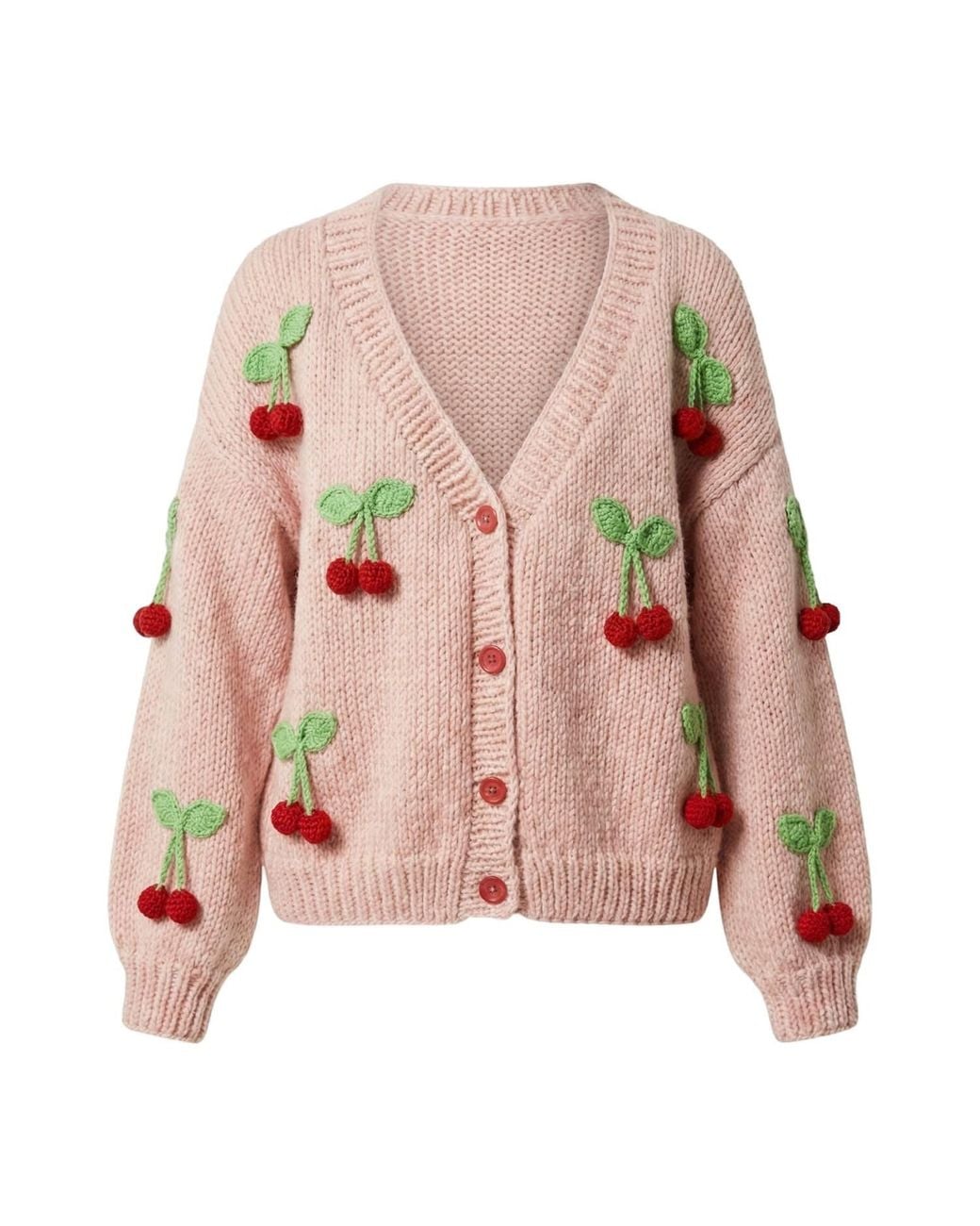 Ana Chic Pink Cherry Motif Handmade Knitted Cardigan