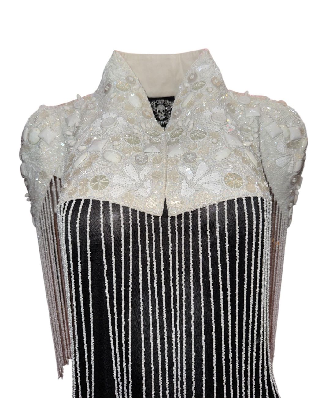 Any Old Iron Gray Beaded Button Fringe Shrug