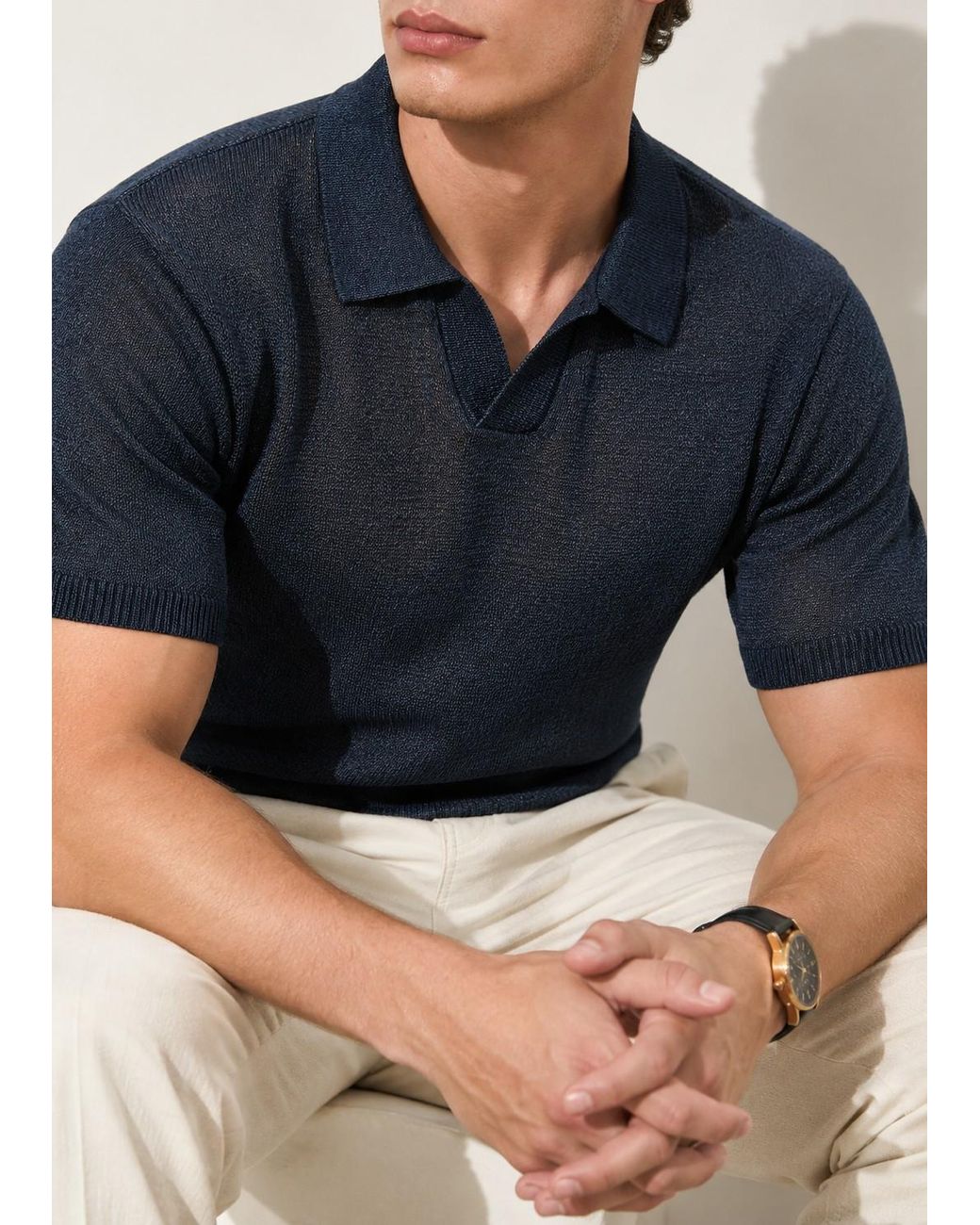Vayla Blue Fine-Knit Relaxed Fit Open Collar Polo Shirt for men