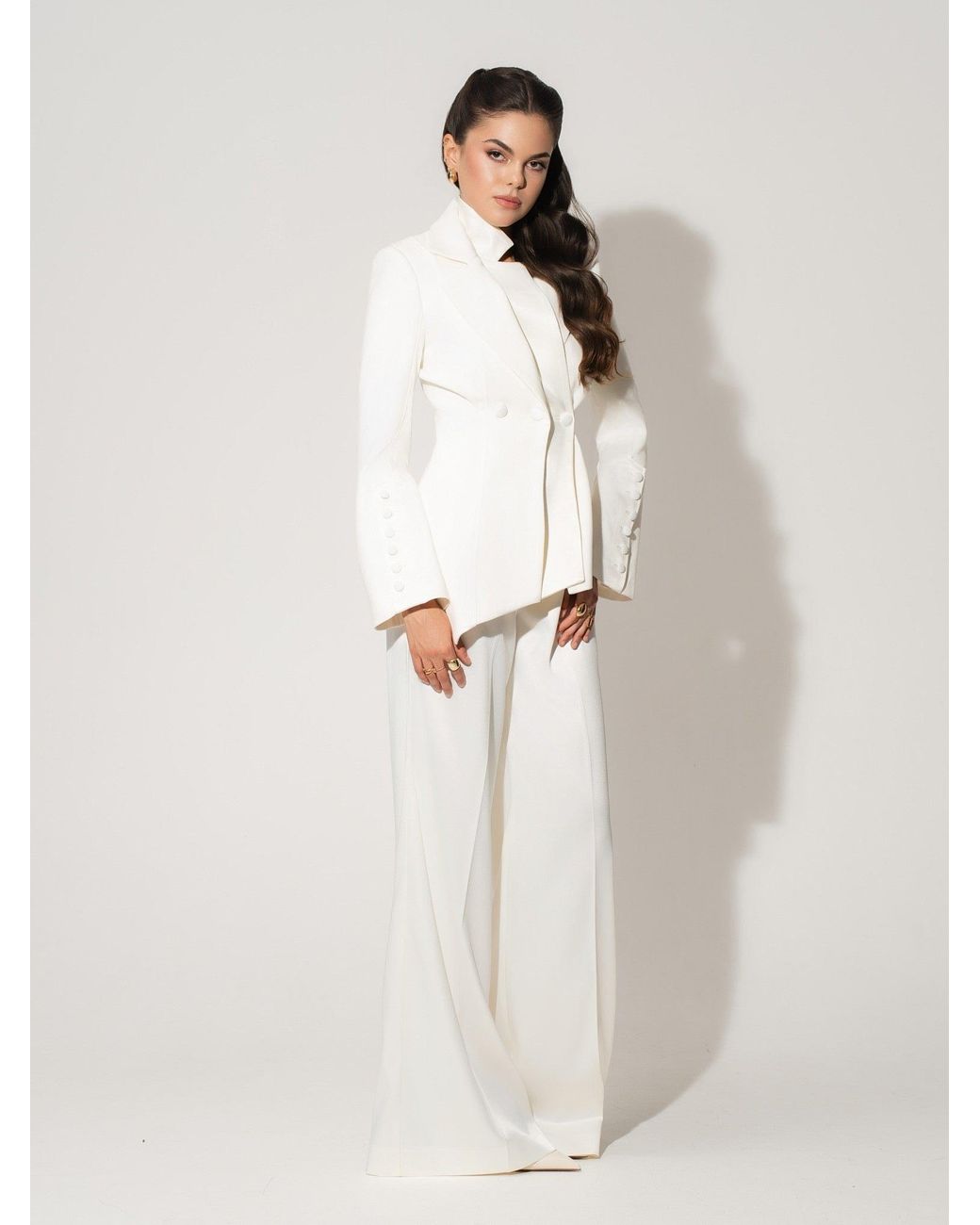 Tia Dorraine White Modern Power Tailored Asymmetric Suit – Pearl