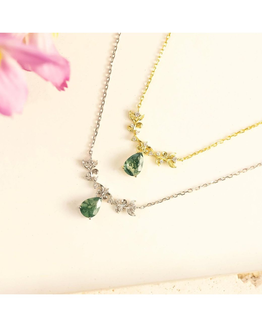 Azura Jewelry New York Metallic Foliage Whispers Moss Agate Necklace Vermeil