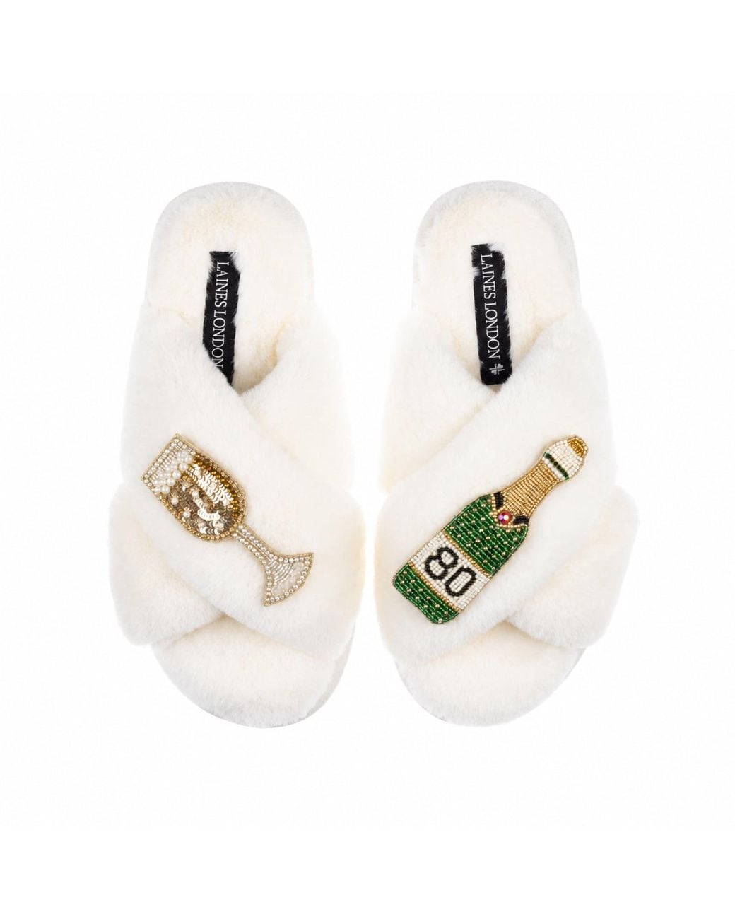 Laines London Metallic Neutrals Classic Laines Slippers With Champagne & Glass 80Th Birthday Brooches