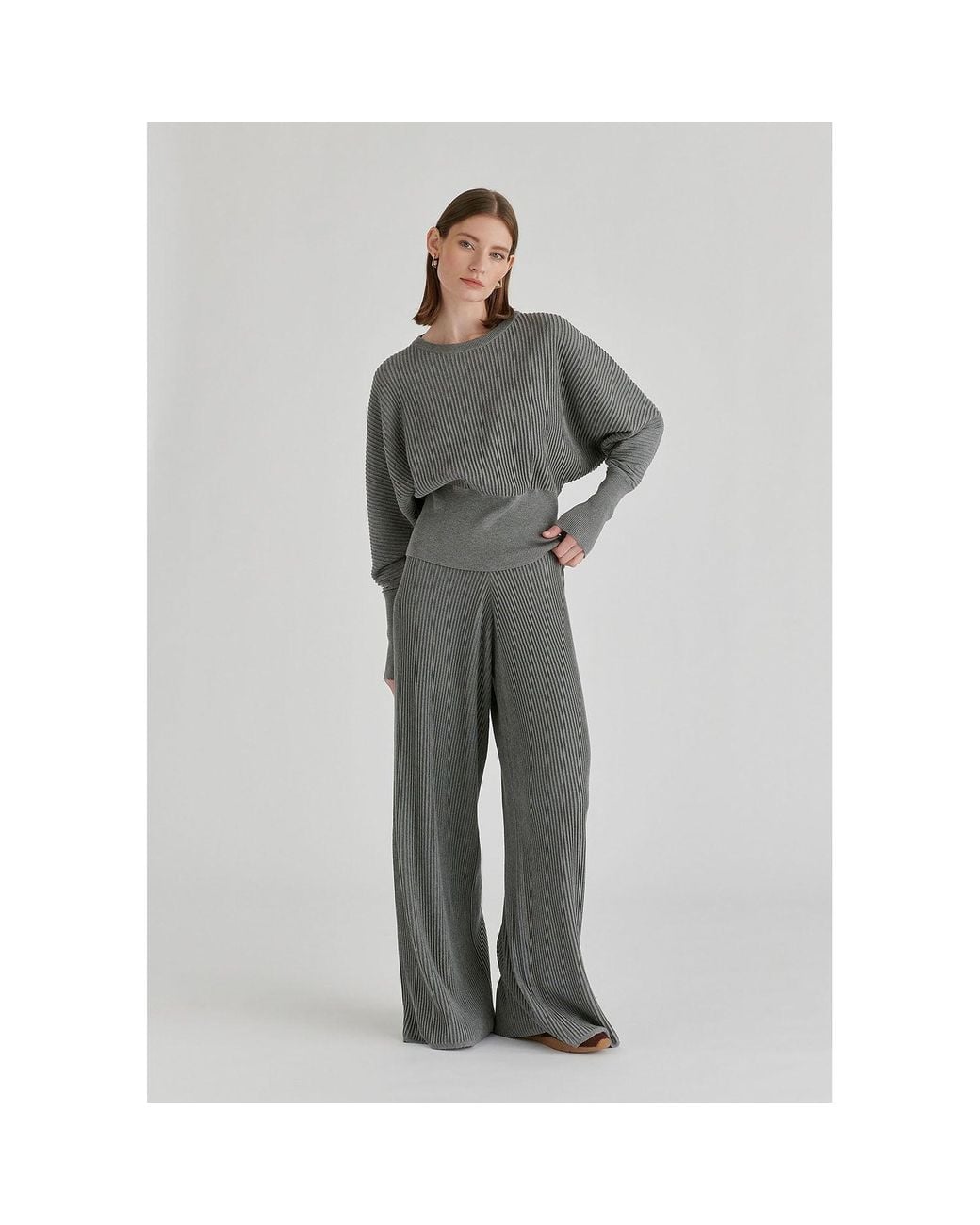 Paisie Gray Ribbed Trousers With Wide Waistband