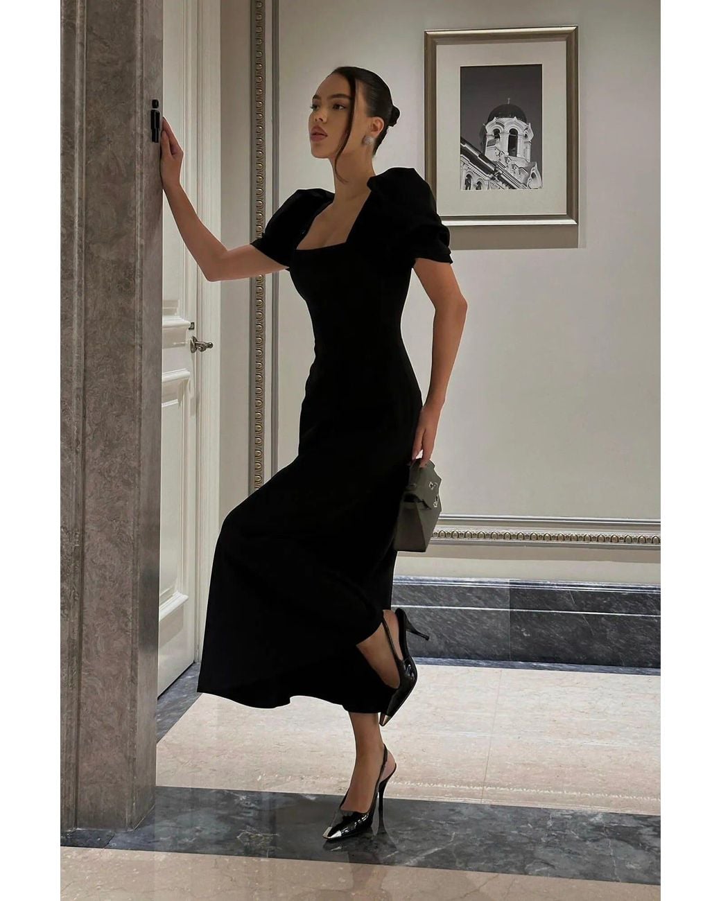 POST MERIDIEM Black Godet Silhouette Square Neck Midi Dress