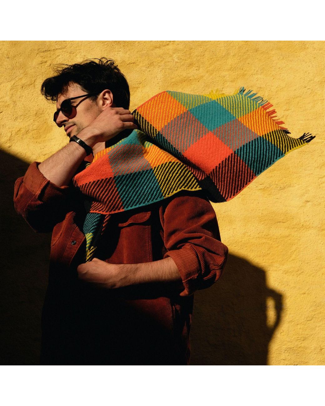 Kinalba Orange Deluxe Daffodil Block Check Cashmere Scarf for men