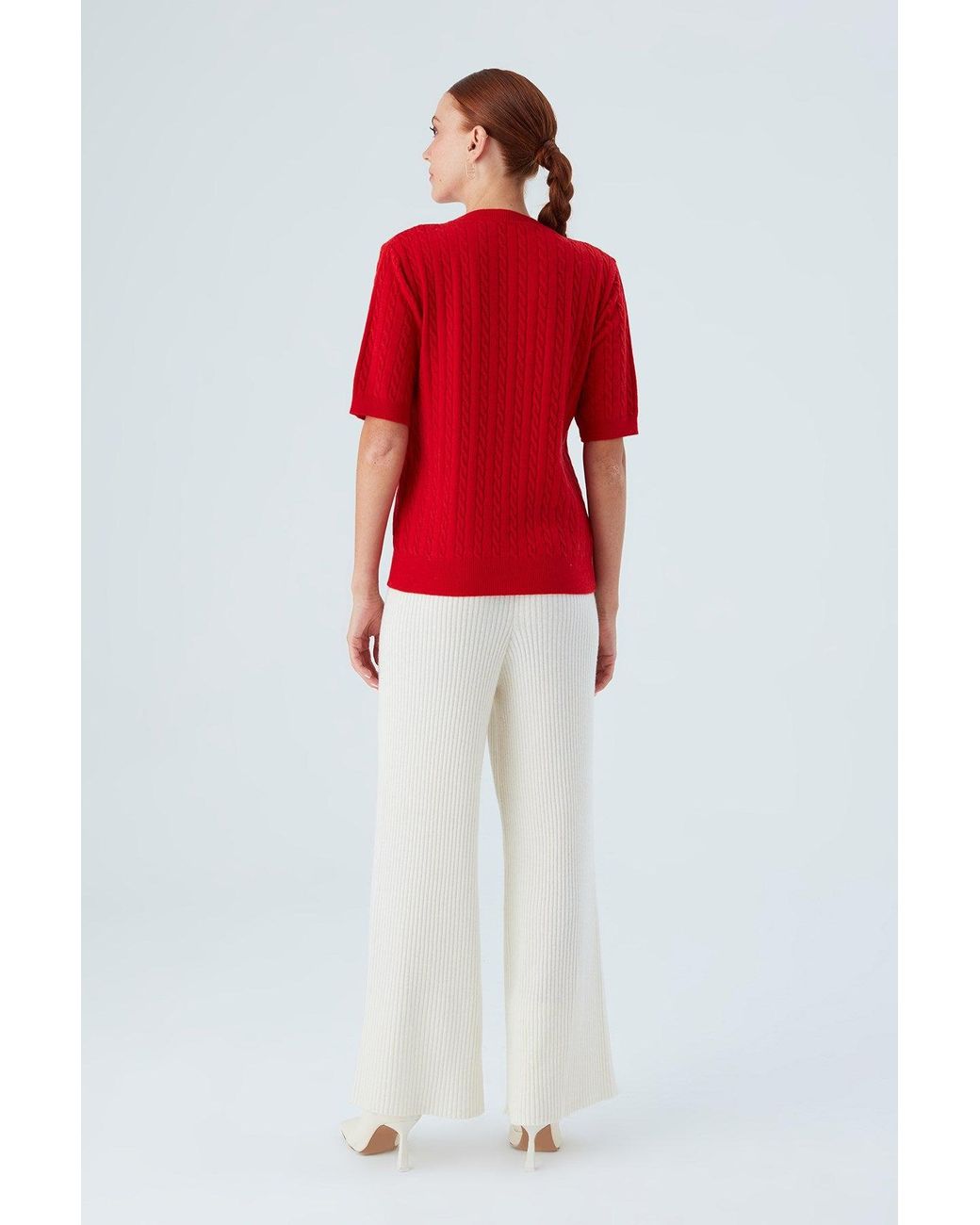 Peraluna Red Nicole Cable Knit Cashmere Blend Short Sleeve Blouse