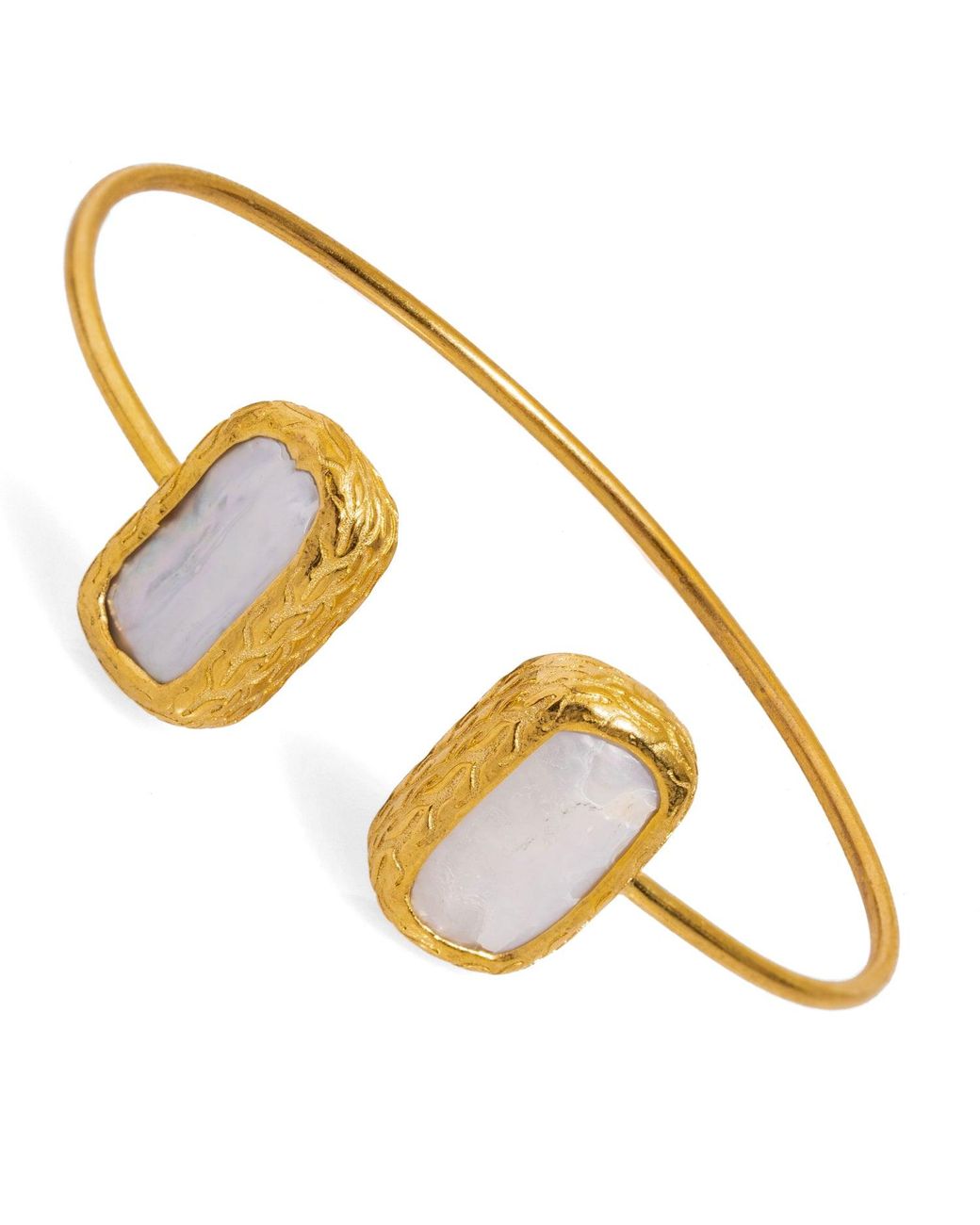 Ebru Jewelry Metallic Double Pearl Stone Open Cuff Bangle Bracelet