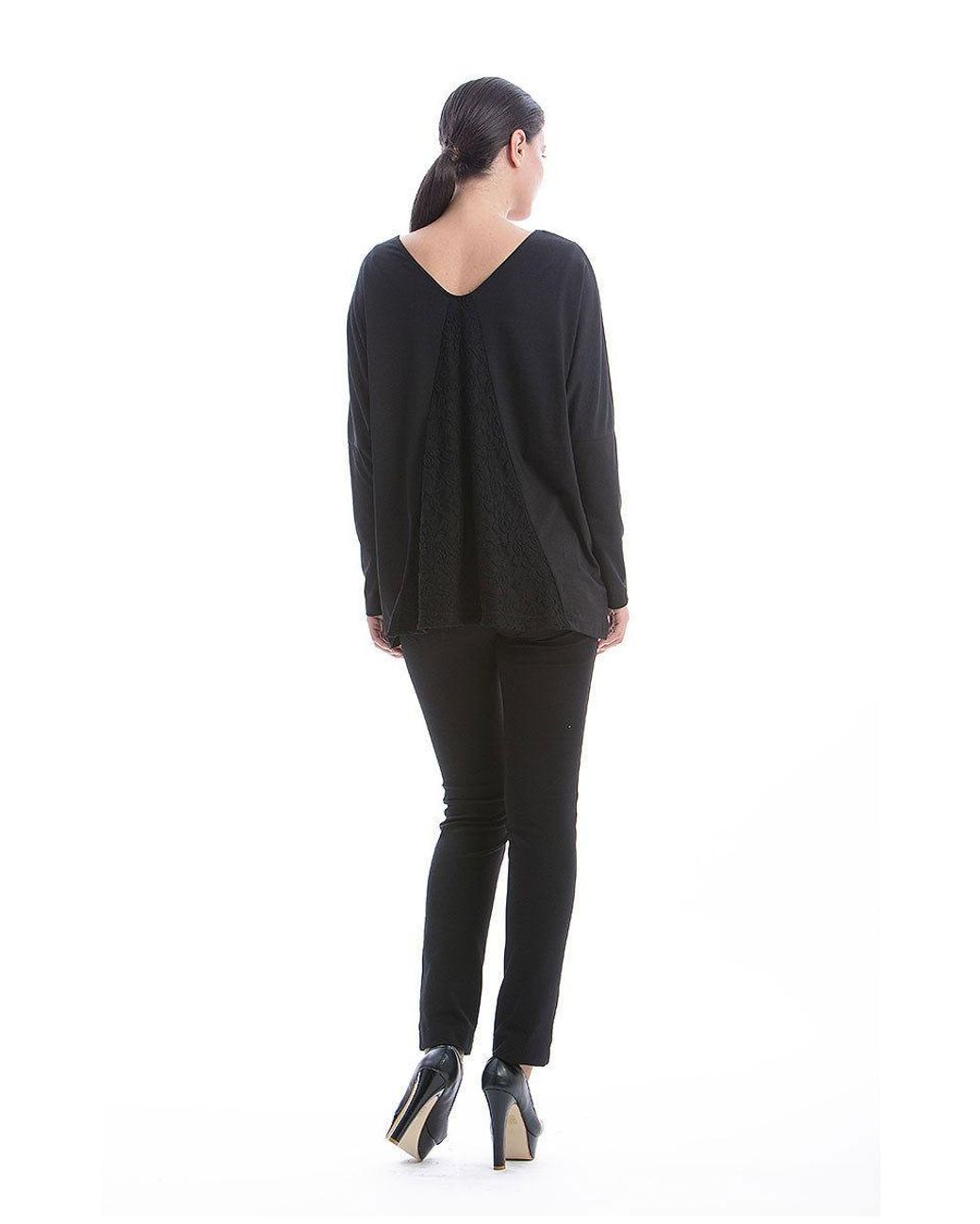 Conquista Black Loose Fit Long Sleeve V Neck Top By Fashion