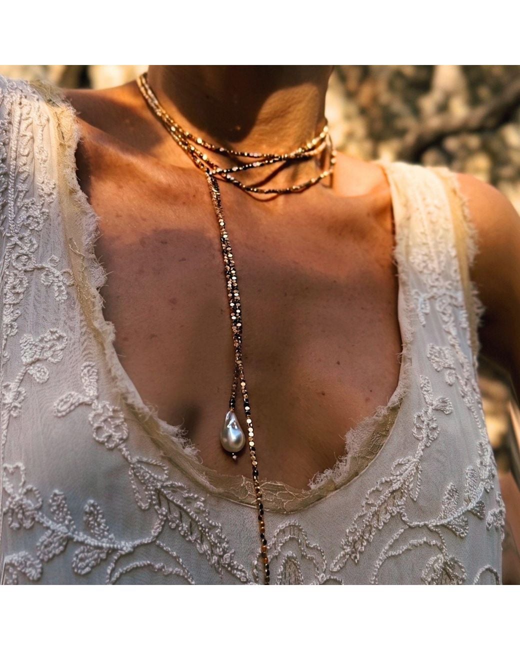 LINYA JEWELLERY White Baroque Pearl Long Mini Hematite Stone Necklace