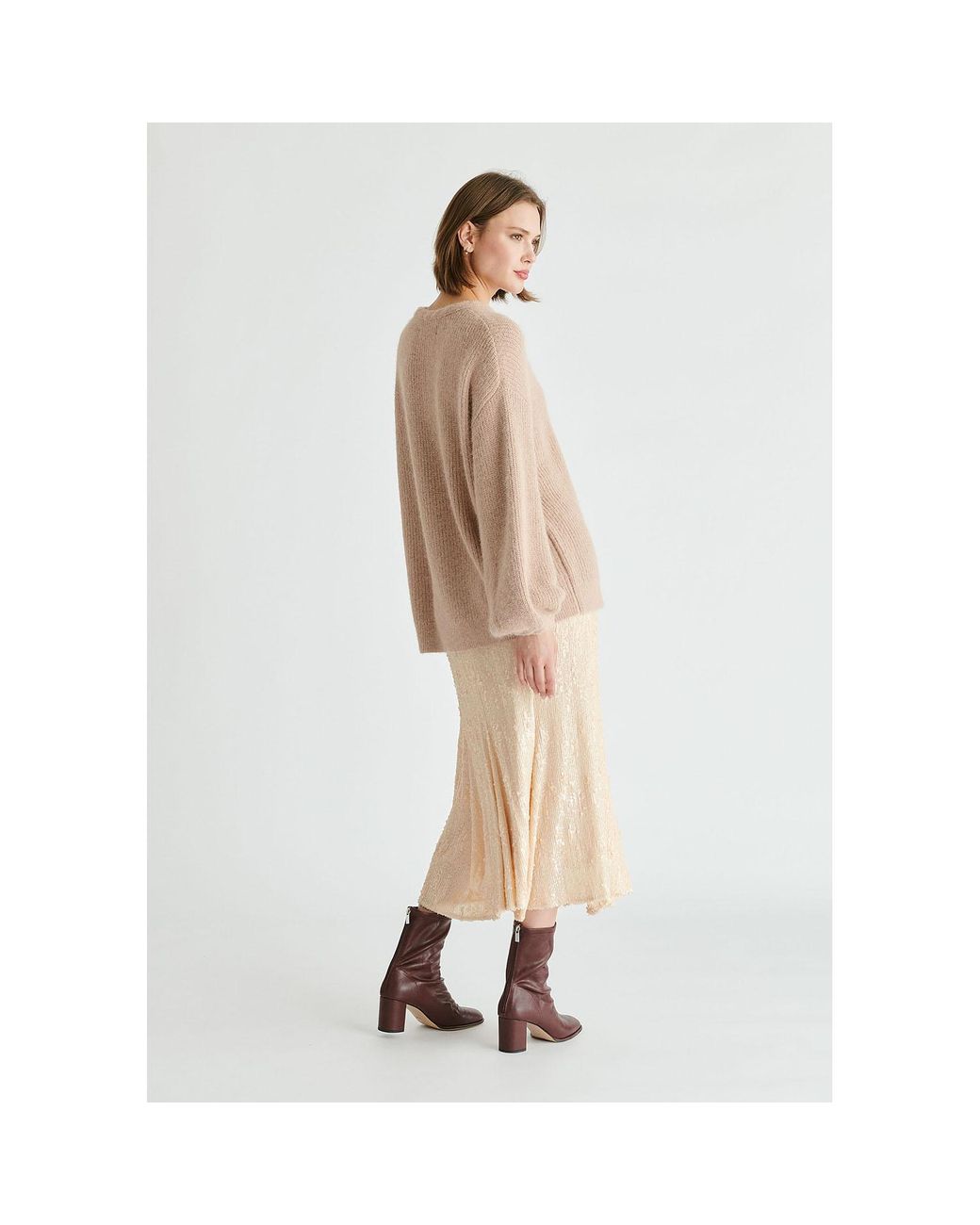 Paisie Natural Balloon Sleeves Jumper With Cable Details