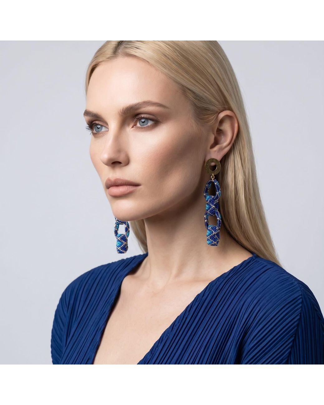 Iliana Arrazola Blue Bold Chunky Link, Dangle Earrings, Glass Beads, Beaded Jewelry