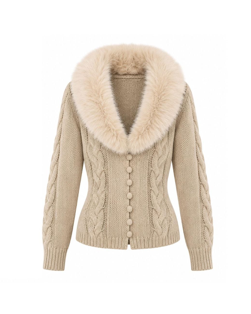Belsize25 Natural Neutrals Cashmere-Blend Faux Fur Collar Cable-Knit Cardigan