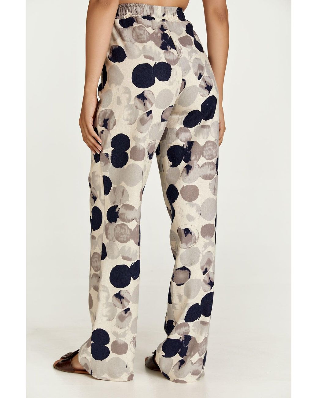 Conquista White Print Linen Style Wide Leg Pants