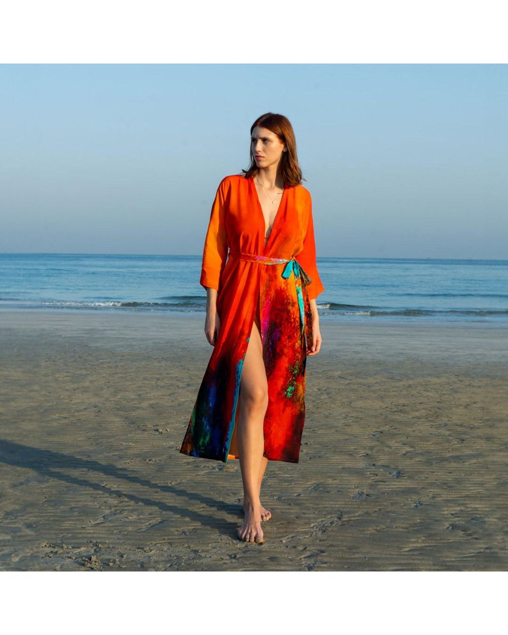 DHARA SHETH DUBAI Red Roar Tiger Animal Print Abstract Long Kimono