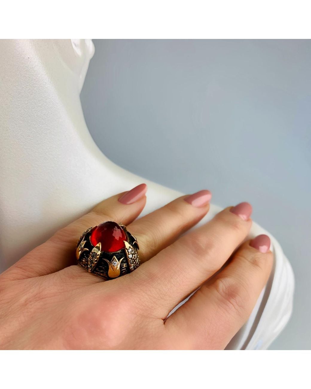 Bellus Domina Red Tulip Sterling 925 Synthetic Ruby & Cubic Zirconia Ring