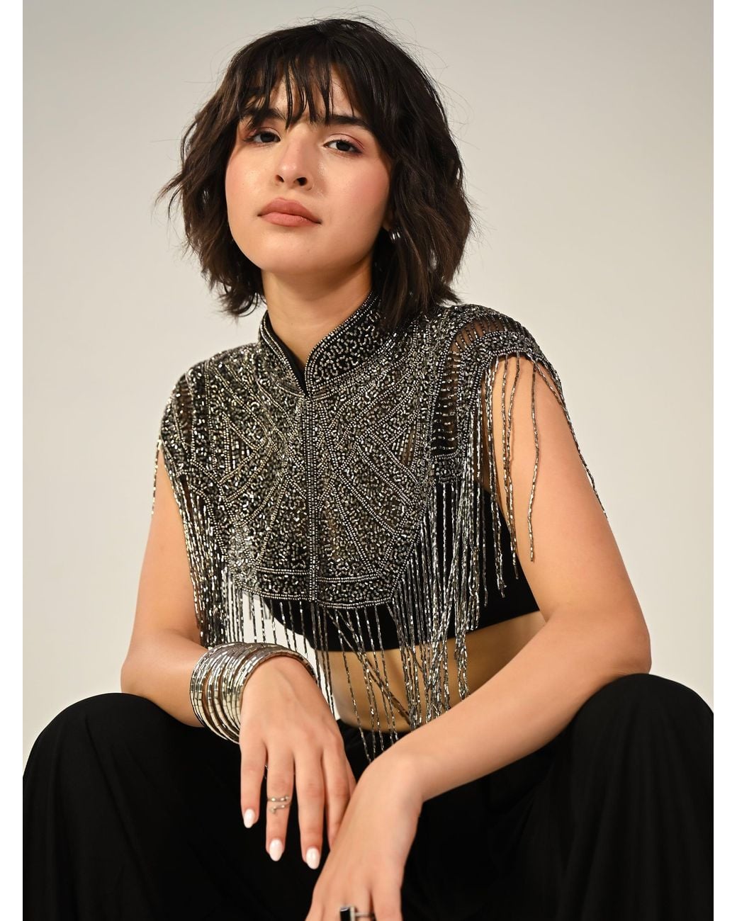 Rose & Nancy Black Bonnie Hand Embellished Fringe Cape Top