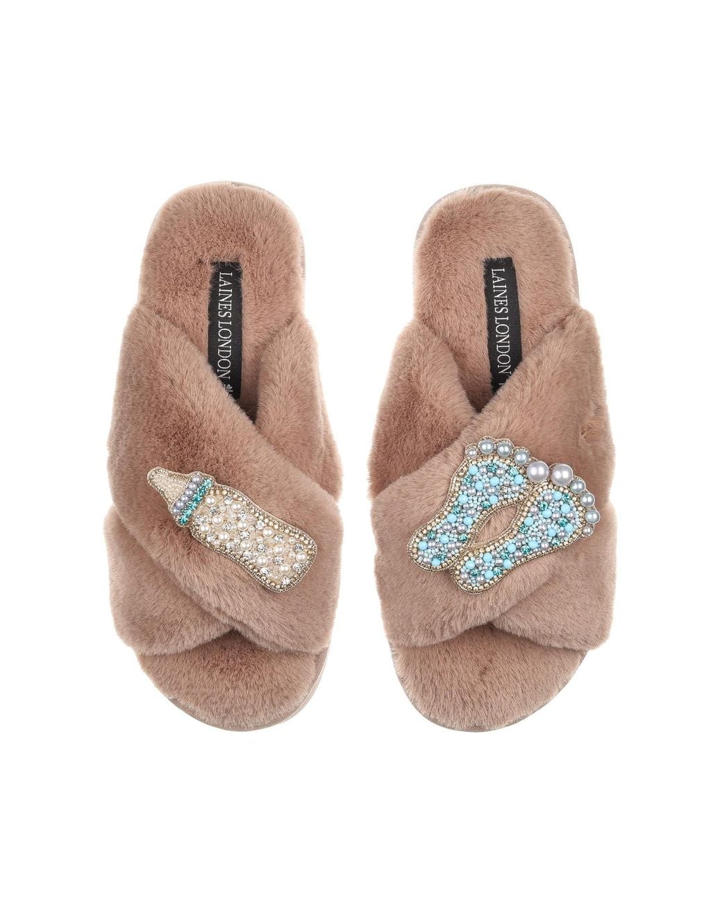 Laines London Brown Classic Laines Slippers With New Baby Boy Brooches