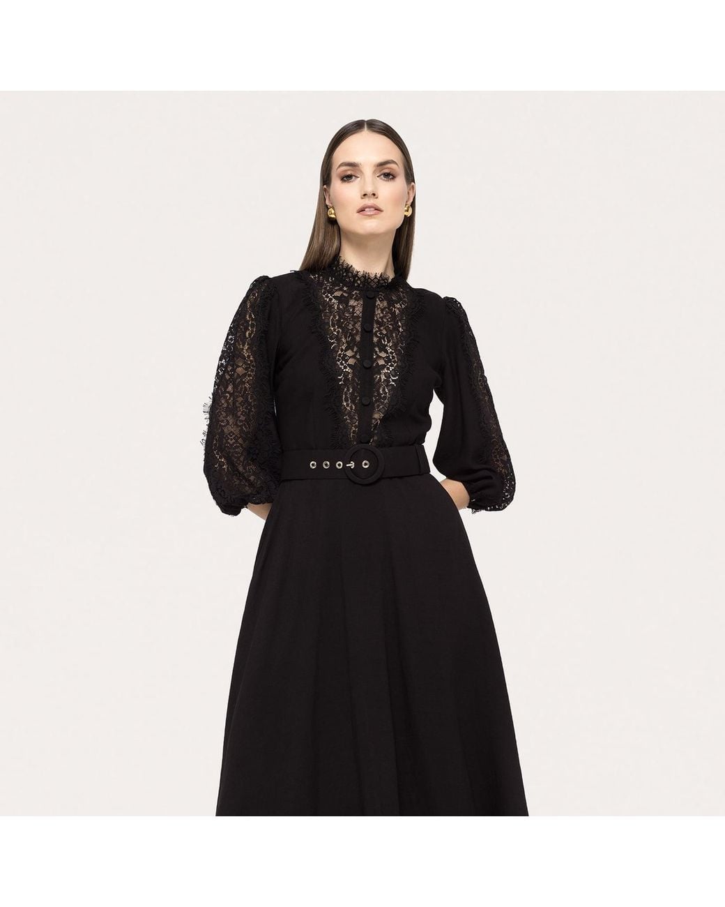 Nissa Black Lace-Insert Viscose Midi Dress