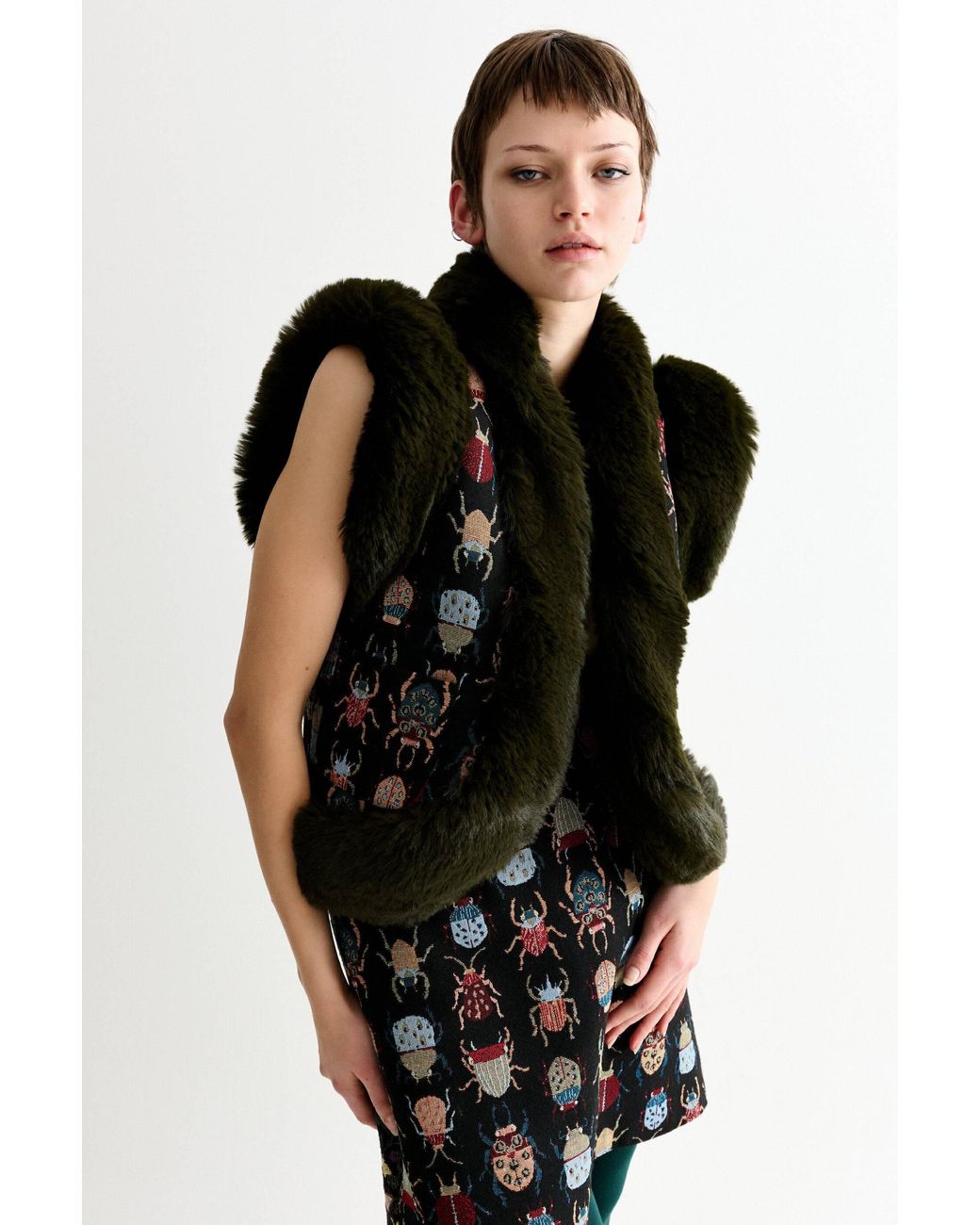 Louche Green Dominica Beetlejuice Jacquard Faux Fur Trimmed Waistcoat