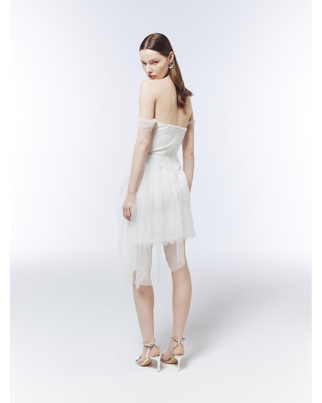 Sour Figs White Sequinned Lace Off-Shoulder Draped Mini Dress