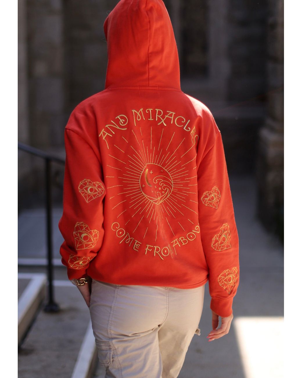 Miracles Manifester Orange Show Your Love Affirmation Embroidered Hoodie