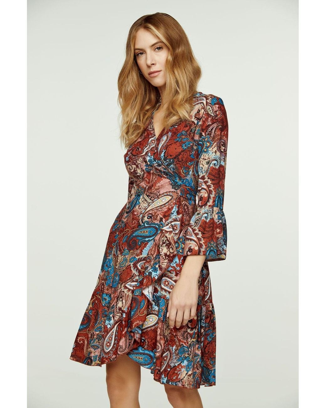 Conquista Red Paisley Print Viscose Wrap Dress With Bell Sleeves