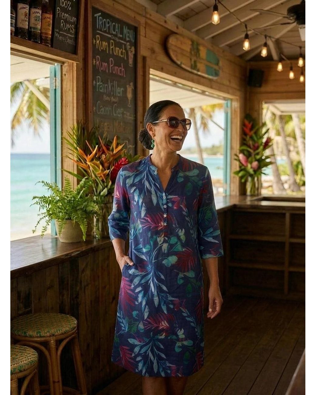NoLoGo-chic Blue Leafy Tropic Tunic Dress