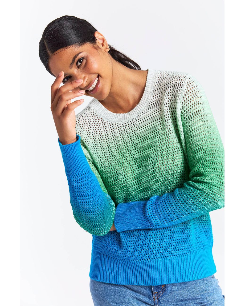 Brodie Cashmere Blue Mesh Dip Dye Crew