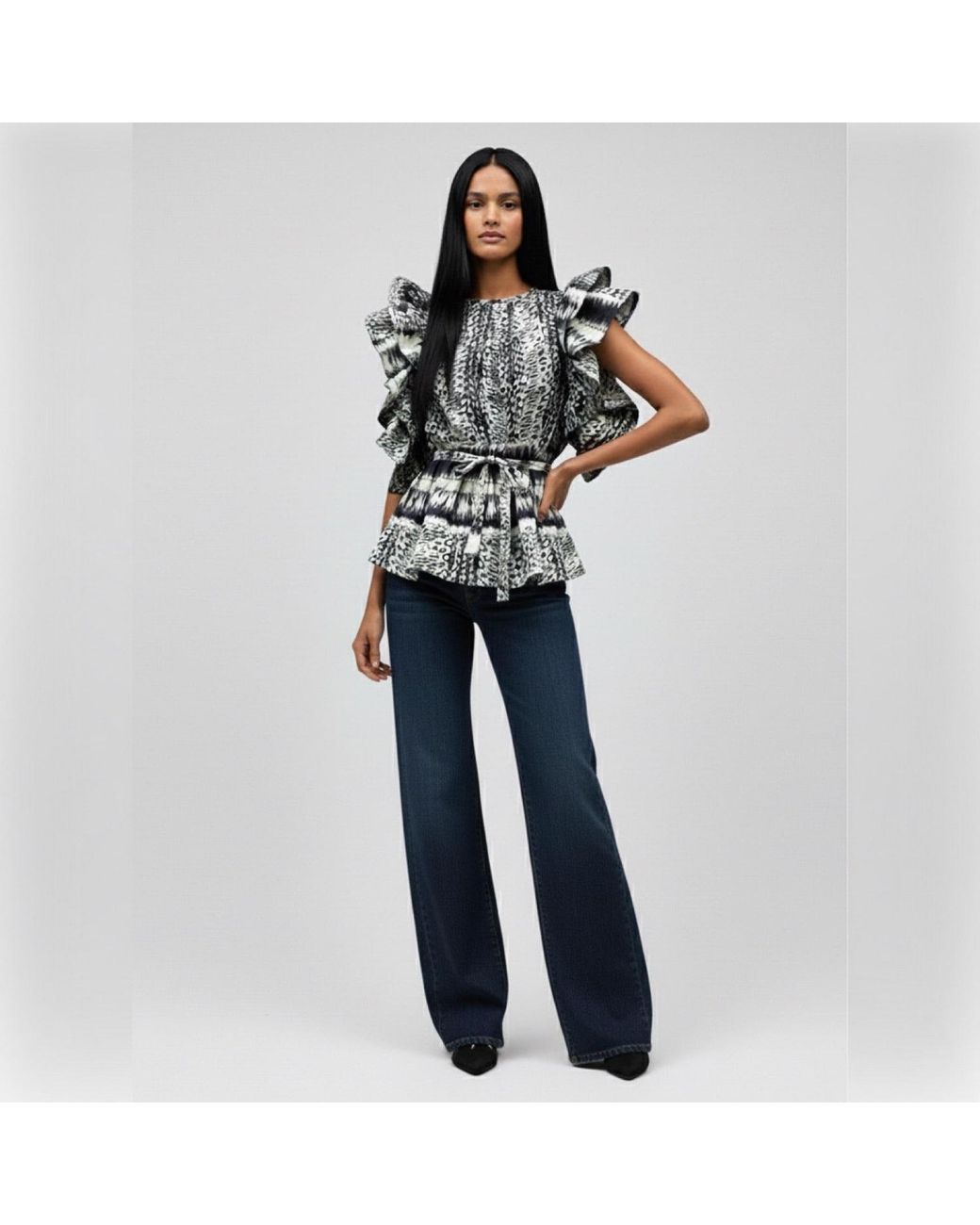 Imaatu Black Butterfly Sculptural Ruffle Sleeve Peplum Blouse