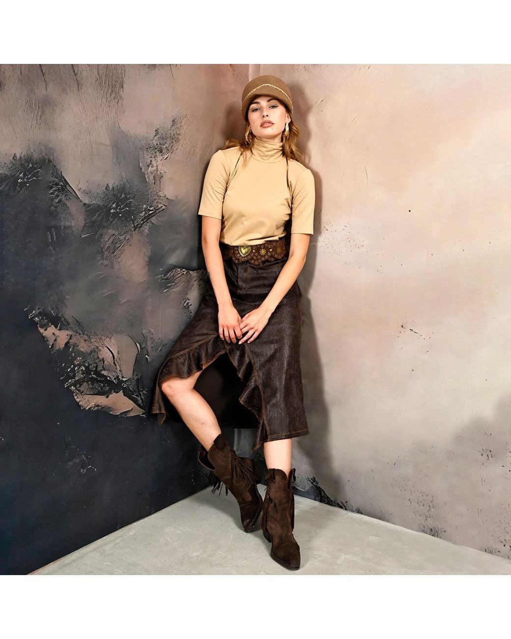 Lalipop Design Gray Ruffled Front Vegan Leather Midi Skirt