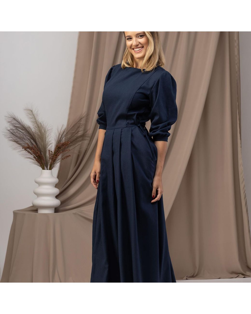 Nikka Place Blue Vintage Inspired Linen Dress With Puff Sleeves And Pockets