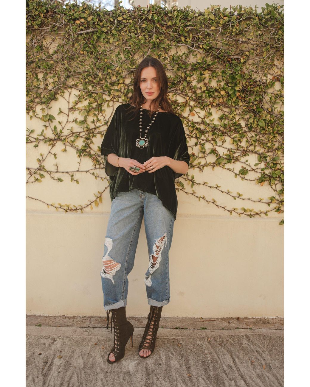 Jennafer Grace Brown Silk Velvet Scarf Blouse