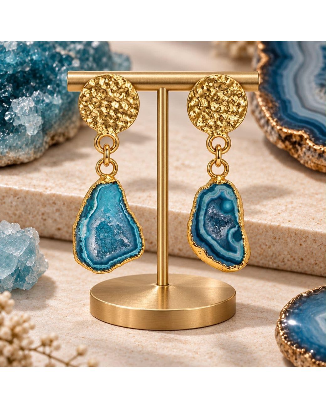 By Ozge Blue Istanbul Bosphorus Agate Druzy Plated Statement Drop Earrings