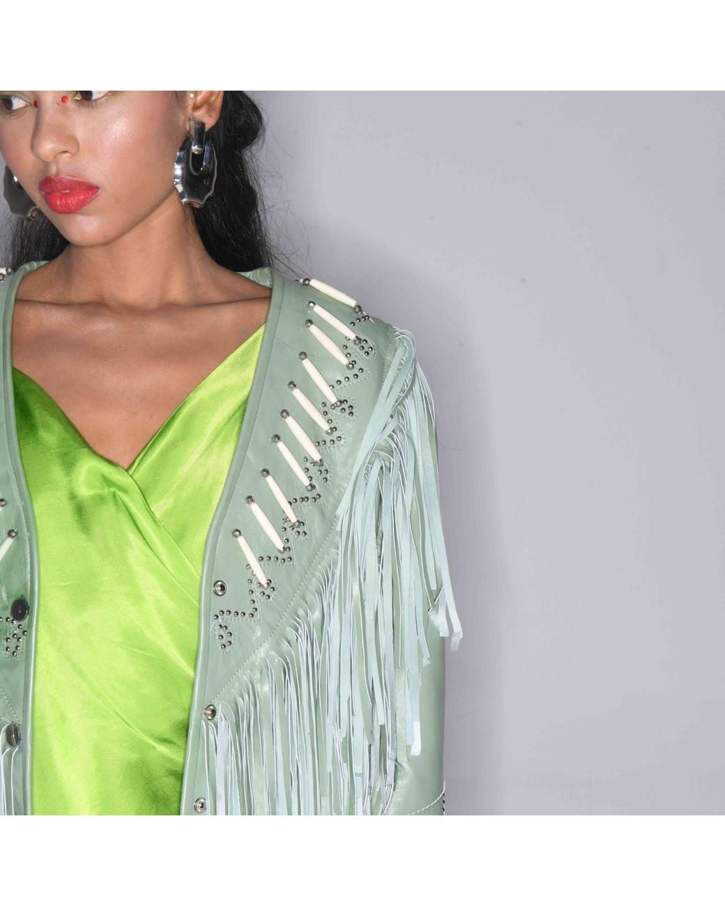 Zasta Studio Green The Leader- Beads & Fringes Leather Jacket