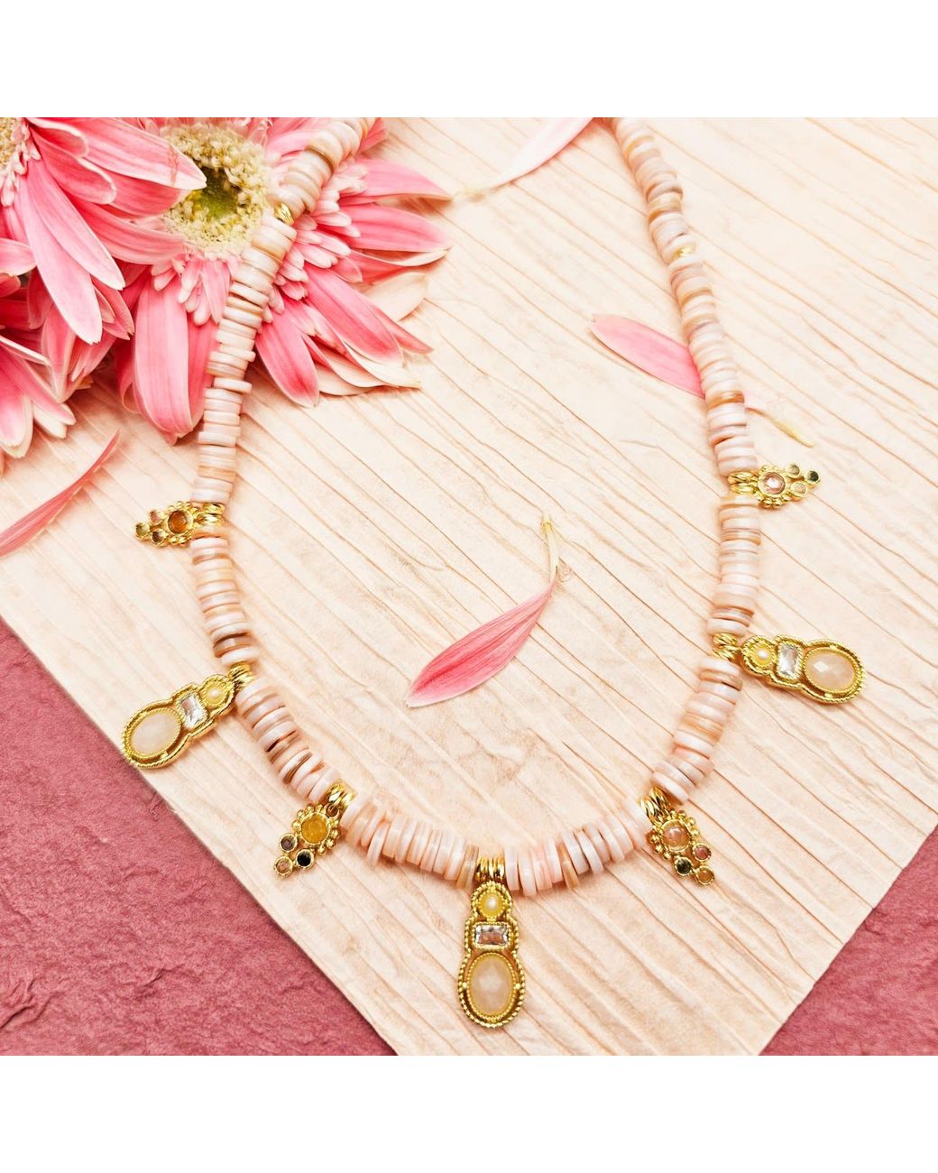Farra Pink Bohemian Shell With Rose Quartz Pendant Necklace