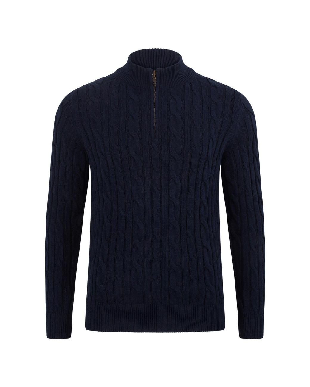 Paul James Knitwear Blue Midweight Romano Cotton Cable Zip Neck Jumper for men