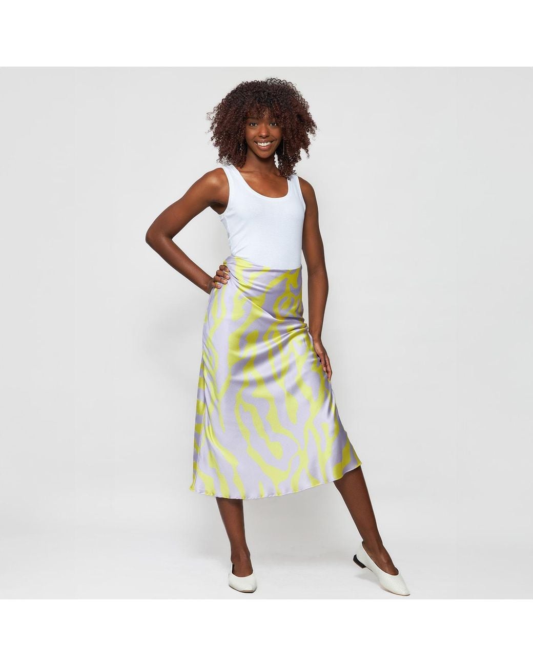 Solgo Atelier Green Samantha Printed Silk Midi Slip Skirt With Silk Chiffon Lining