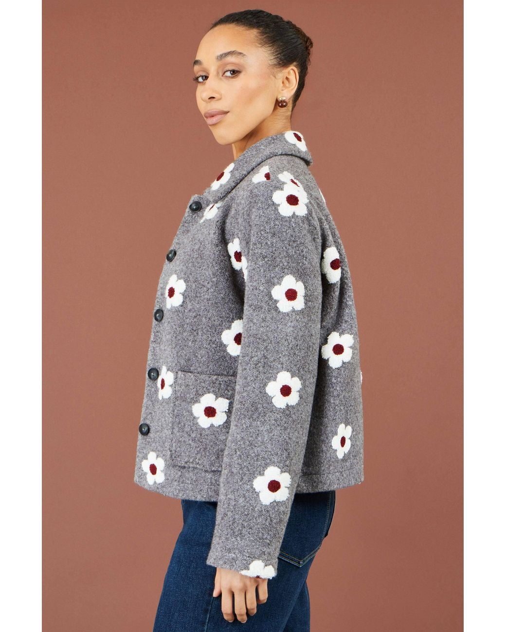 Yumi' Gray Embroidered Daisy Fleece Jacket