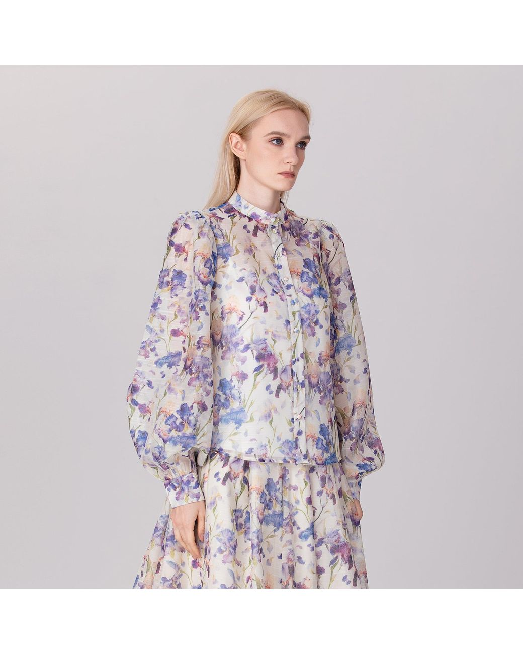 Smart and Joy Multicolor Neutrals Flower Print Long Sleeve Organza Shirt