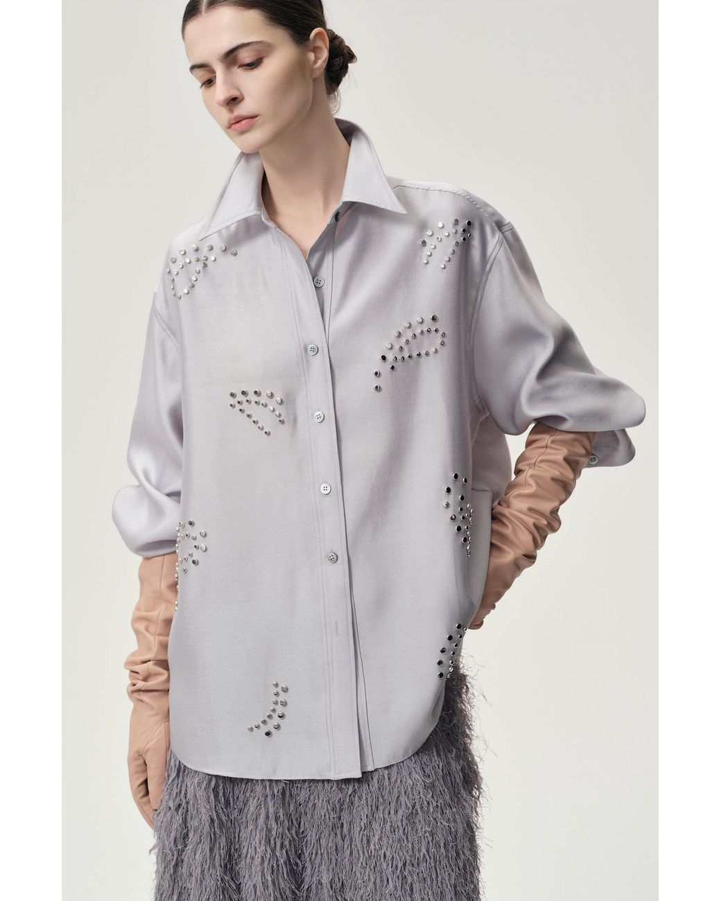 FRONT ROW SHOP Gray Stud-Embellished Shirt Pale