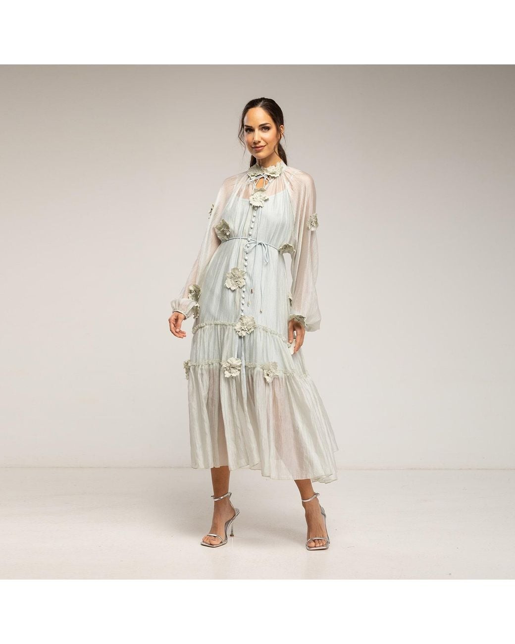 Tantra Spain Sl Natural Semi-Transparent Dress With Buttons, Floral Details, And Ruffles. Belt And Lining Sold Separately