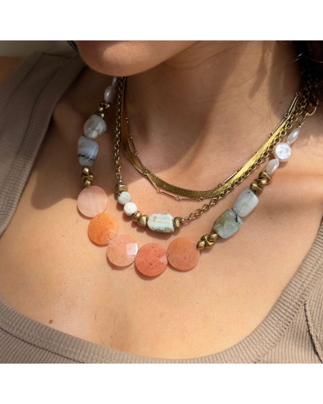 Rachel Nathan Metallic Neutrals Meridian Peruvian Opal & Kiwi Jasper Necklace