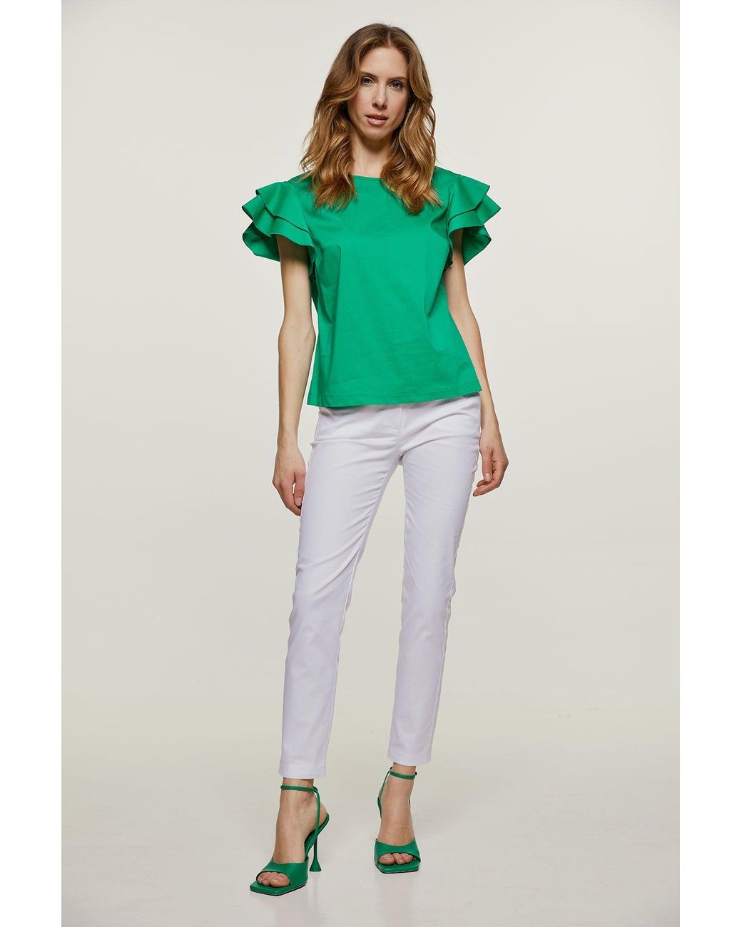 Conquista Green Sleeveless Frill Detail Cotton Poplin Top