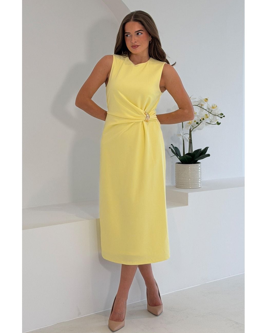 Girl In Mind Yellow Louisa Buckle Wrap Detail Midi Dress