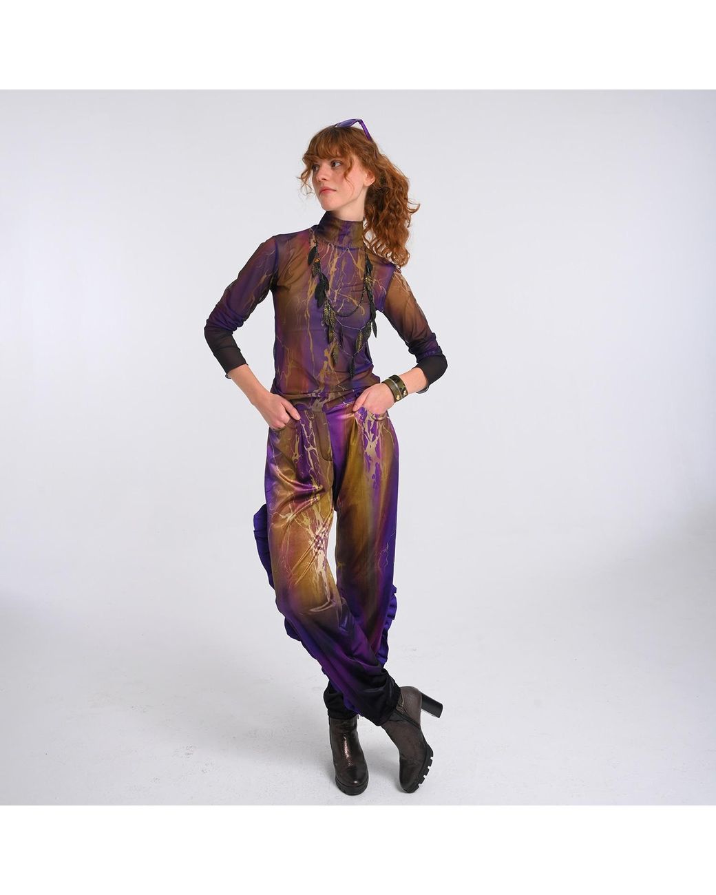 Lalipop Design Purple Abstract Print Velvet High-Waist Pants